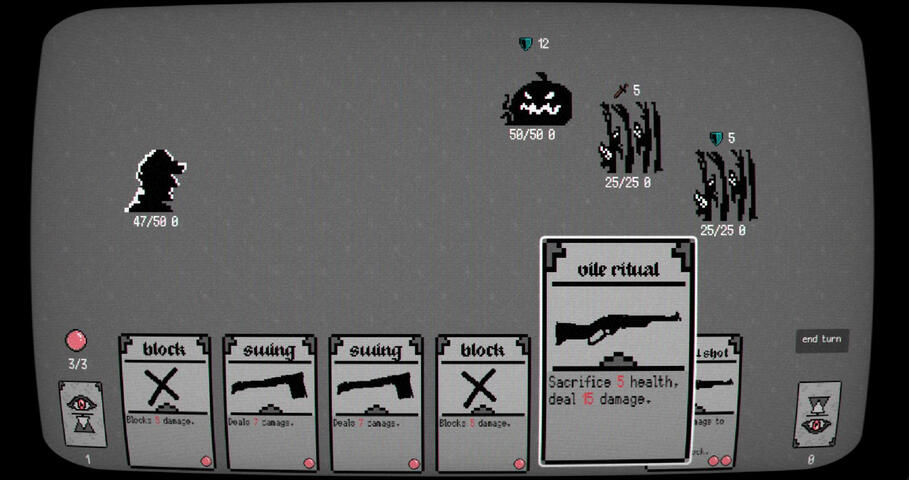 Encounter UI. The player (left) draws cards and spends energy to play them. When their turn is complete, enemies execute their intents, and then the player draws a new hand