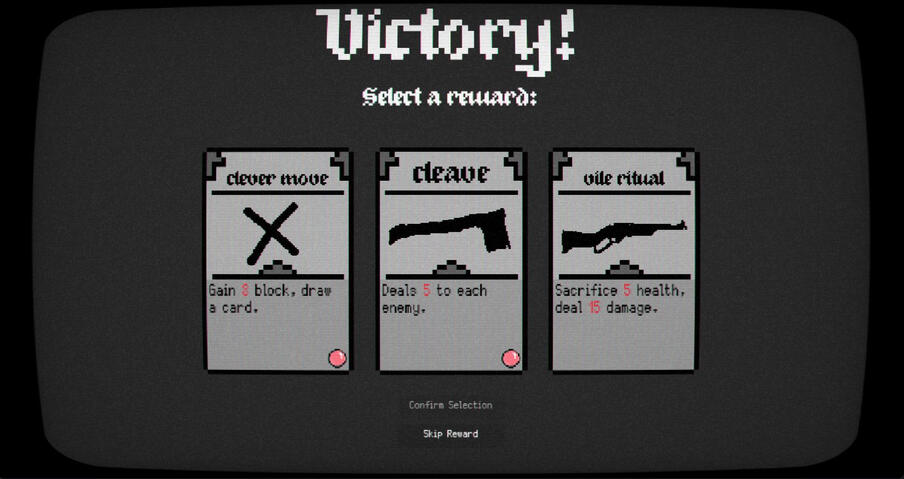 Rewards selection. After each successful encounter, the player is offered a choice of 3 cards to add to their deck. Which cards are available is based on probability tables, which favor rarer cards the further into the run the player is.