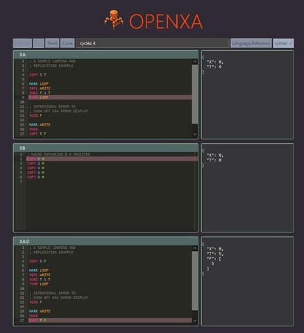 exa-viewer, showing multiple EXAs, their register states, and the current line of execution for each EXA.